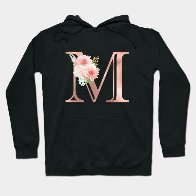 Letter M Rose Gold Monogram Blush Pink Flowers Hoodie by ColorFlowCreations